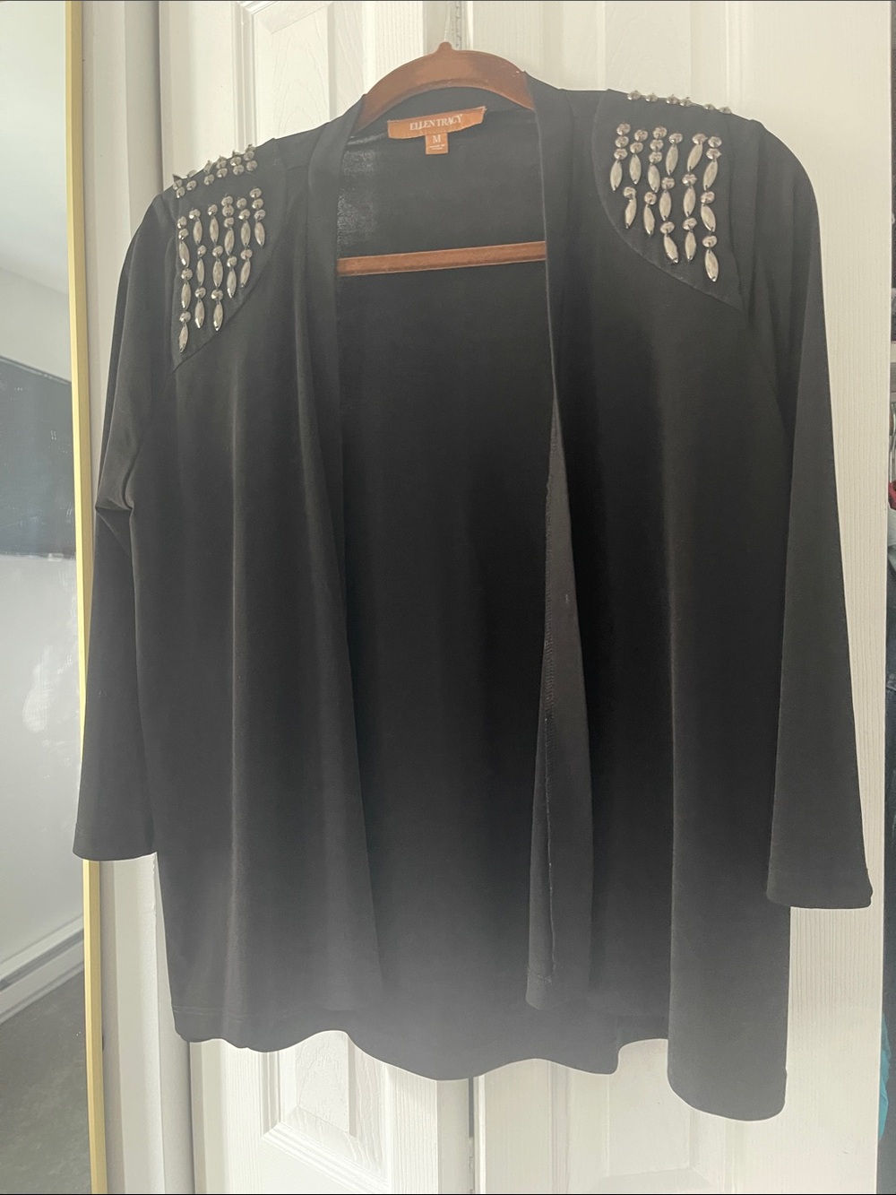 Ellen Tracy Black Beaded Shoulder Open-Front Cardigan